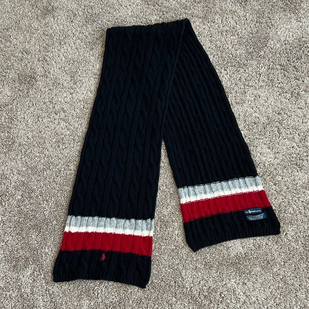 Polo Ralph Lauren Vintage Cable Knit Winter Scarf Wool Blend Black Red Grey RARE